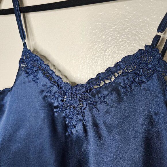 Vintage 90s L Silk Camisole Tank Top Blue Whimsigoth Embroidered Floral Satin - Picture 2 of 7